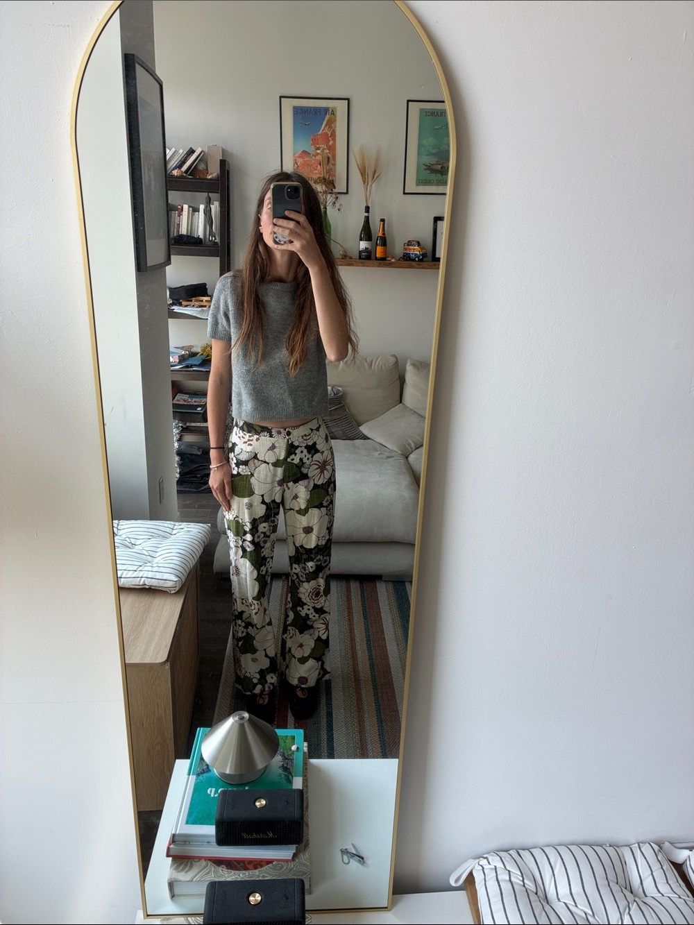 Maje Floral Wide-Leg Pants in Black and Green